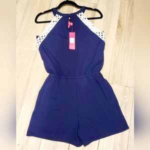NwT Lilly Pulitzer Romper. Dark Blue with white lace. Beautifully seamed.